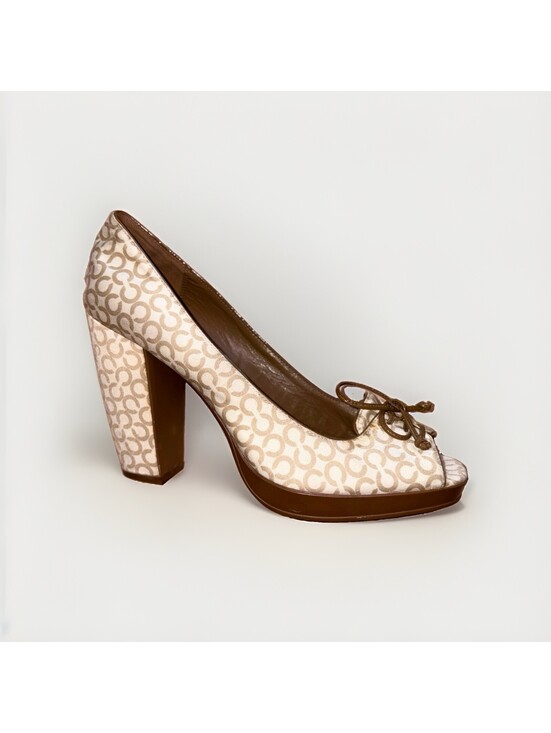 Coach Shoes - COACH Corey Pumps High Heel Bow Peep Toe Chunky Shoes 10 B Signature Lace Up